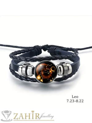 АМУЛЕТ Гривна със СЪЗВЕЗДИЕ ЛЪВ – овална метална плочка 1,8 см, естествена черна кожа и регулируема дължина за перфектно прилягане- ZG1216